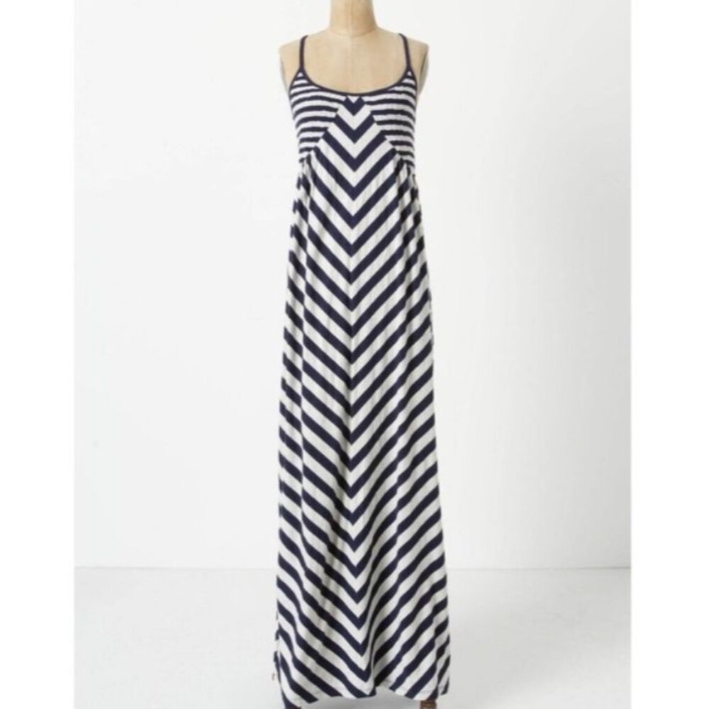 Anthropologie Saturday Sunday Maxi Dress M Blue Stripe Chevron Preppy Nautical